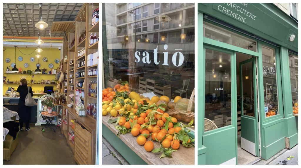 Épicerie La Pampara and Satio - two of the charming stores selling fresh ingredients and delicacies in the Canal Saint-Martin area.